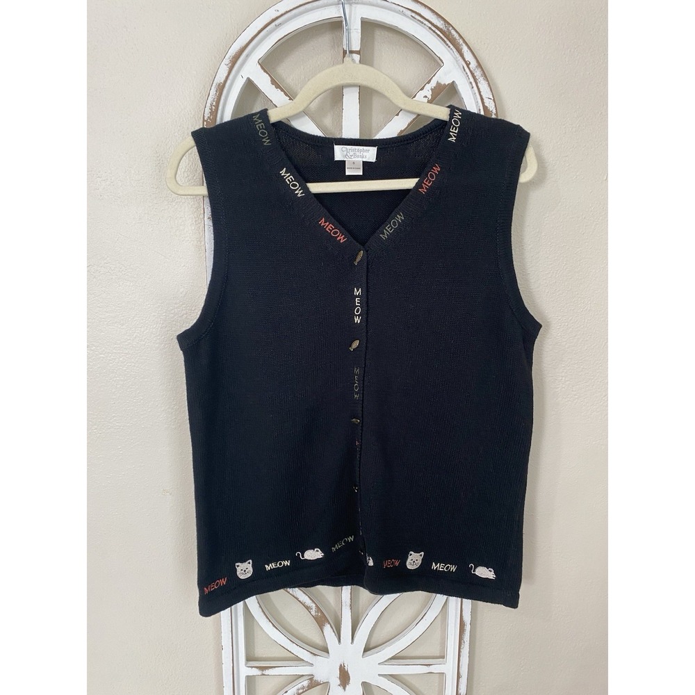 Vintage Christopher & Banks SMALL Cat Meow embroidered Cotton Sweater Vest Black